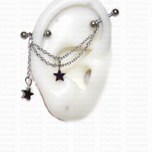 Industrial Cartilage Piercing Bar with Chains and rainbow hematite stars