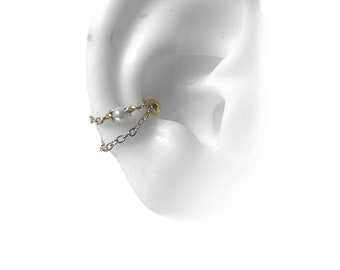 Helix or Conch Piercing, Helix Earring, Helix Piercing, stainless bar,  with double chains and freshwater pearl (m65)