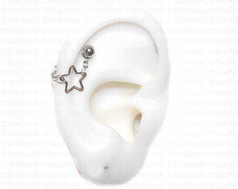 Helix or Conch  Earring Helix Piercing Helix Earring Helix Piercing, Titanium or stainless barbell  with open star (2+9m)