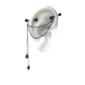 Industrial piercing, Industrial bars, Piercing jewelry, Industrial barbells with black chains and amethyst stone (69 black +amet)