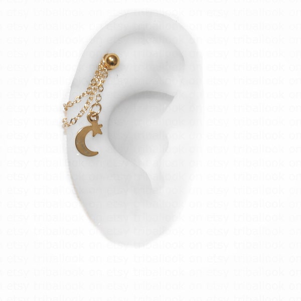 Helix or Conch Piercing, Helix Earring, Helix Piercing, Titanium or stainless bar,  with moon crescent and star (m51 helix GOLD TONE)