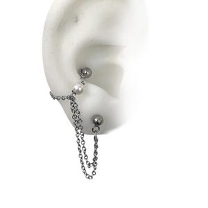Helix or Conch Piercing, Helix Earring, Helix Piercing, stainless bar,  cartilage to lobe chains with  shell pearl (m93)