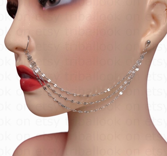 Nose to ear chain Nose ring chain Nose ring 20 gauge Titanium G23 and stainless steel 304L triple chains jf