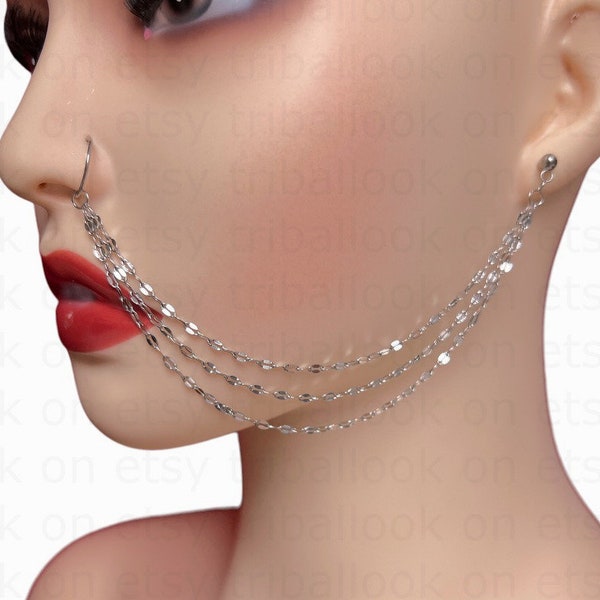 Nose to ear chain, Nose ring chain, Nose ring, 20 gauge, Titanium G23 and stainless steel 304L triple  chains (jf)