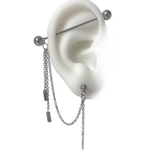 Industrial cartilage piercing jewelry with lobe chain, Comes with matching lobe earring (49)
