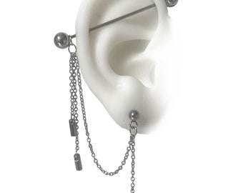 Industrial cartilage piercing jewelry with lobe chain, Comes with matching lobe earring (49)