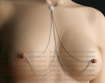 BDSM but feminine and dainty Nipples jewelry , Nipple piercing Jewelry, with opalite coin (m8)