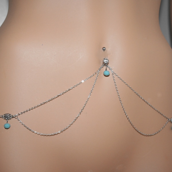 Belly bar and chains, with faceted blue glass beads (m79)