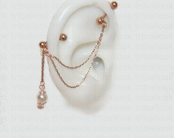 Barbell Industriel Or Rose, boucle d'oreille barre industrielle, avec perles d'eau douce et chaînes Or Rose (perle m7 RG )