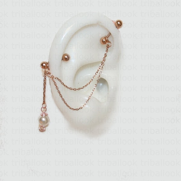 Barbell Industriel Or Rose, boucle d'oreille barre industrielle, avec perles d'eau douce et chaînes Or Rose (perle m7 RG )