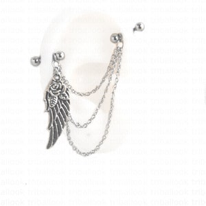 Bilanciere industriale, piercing industriale, barra industriale, catena per piercing industriale, ala d'angelo con rosa (m1)
