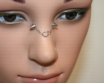 Nasallang, High nostril jewelry, Bridge piercing jewelry, eyebrow bar,   silver chains and heart  with cone end balls (coeur silver cone)