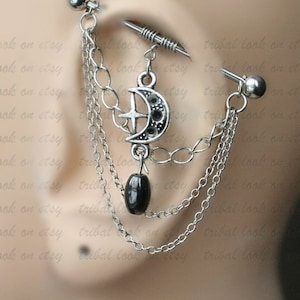 Industrial piercing jewelry with chains, moon crescent and hematite stone