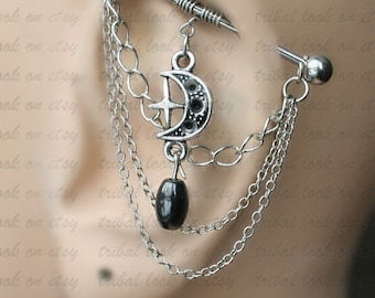 Bijoux piercing industriels avec chaînes, croissant de lune et pierre hématite