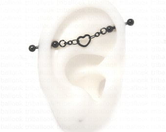 Industrial piercing jewelry with minimalist heart, available in black, silver, rose gold or  gold tone