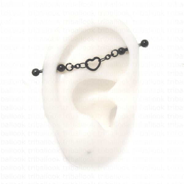 Industrial piercing jewelry with minimalist heart, available in black, silver, rose gold or  gold tone