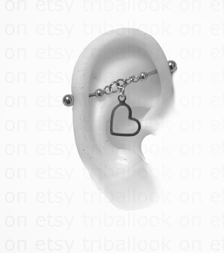 Industrial Barbell, Industrial piercing, Industrial bar earring,316L stainless bars, with chains and heart (m1 jf)