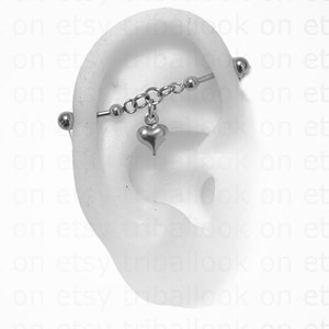 Industrial Barbell, Industrial piercing,  Industrial bar earring, Titanium or stainless bars, with chains and heart  (m1 jf)