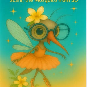 May include: A children's book cover featuring a cartoon mosquito named Scani from 5D. Scani wears glasses, a tutu, and ballet shoes. The title is "FUNNY SCANNERS" with the subtitle "Scani, the Mosquito from 5D" and the author's name, Zenaya Keylin.