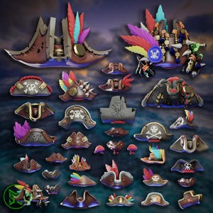 Könnte beinhalten: Eine Sammlung von Miniatur-Piratenhüten in verschiedenen Braun-, Schwarz- und Grautönen, mit Totenkopf-Motiven, bunten Federakzenten und kleinen dekorativen Elementen wie Perlen und Flaschen, angeordnet in einer rasterartigen Darstellung.