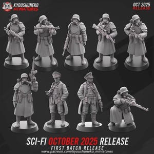 Peut inclure: Ensemble de figurines miniatures de science-fiction, représentant des soldats avec des masques à gaz et des uniformes militaires. Les figurines sont dans diverses poses, tenant des fusils et d'autres équipements. Le texte "SCI-FI OCTOBER 2025 RELEASE" est affiché.