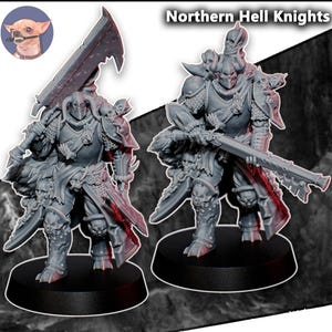 May include: Two gray miniature figures of armored warriors, each standing on a black base. One holds a large sword, the other a rifle. The figures are adorned with skulls and intricate armor. The text "Northern Hell Knights" is displayed at the top.