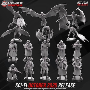 Peut inclure: Ensemble de figurines miniatures de science-fiction, comprenant des créatures ailées et des soldats en uniforme. Les figurines sont dans diverses poses, certaines avec des armes. Le texte "OCT 2025 RELEASE" et "SCI-FI OCTOBER 2025 RELEASE" sont visibles.