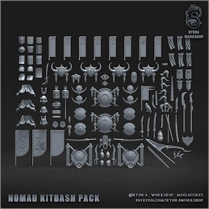Op de afbeelding: Een grijs Nomad Kitbash Pack met een assortiment miniatuuronderdelen, waaronder banieren, gehoornde helmen, ronde schilden, zwaarden, speren en pantserplaten. Het Hydra Workshop-logo en de tekst zijn zichtbaar in de hoeken van de afbeelding.