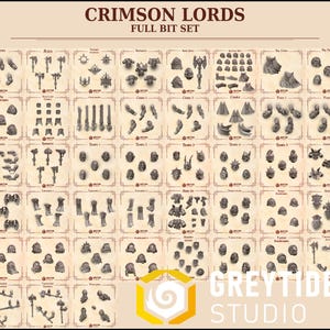 May include: A Crimson Lords full bit set by Greytide Studio featuring a grid of miniature grey resin components including various arms, axes, heads, torsos, capes, and weapons arranged in labeled squares on a light beige background.