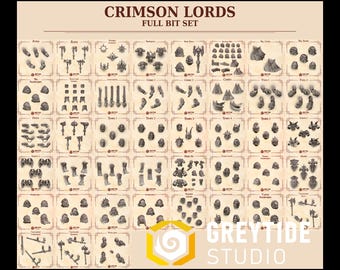 Op de afbeelding: Een Crimson Lords volledige bitset van Greytide Studio met een raster van grijze miniatuurharscomponenten, waaronder diverse armen, bijlen, hoofden, torso's, capes en wapens, gerangschikt in gelabelde vierkanten op een beige achtergrond.