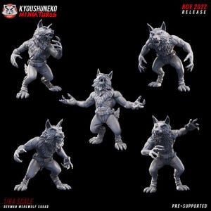 以下が含まれることがあります： さまざまなポーズの5つのグレーの1/64スケールのGerman Werewolf Squadのミニチュア。詳細な毛皮と筋肉質な体格。画像には「NOV 2022 RELEASE」と「PRE-SUPPORTED」の文字が含まれています。 Kyoushuneko Miniaturesのロゴは左上にあります。