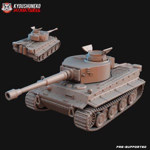May include: A light brown model tank with a long barrel and detailed tracks. A smaller, similar model is in the background. The text "KYOUSUNEKO MINIATURES" is in the top left corner, and "PRE-SUPPORTED" is at the bottom right.