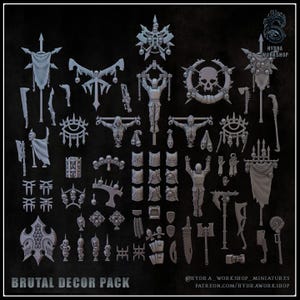 Könnte beinhalten: Eine Sammlung grauer Miniatur-Dekorationsteile, darunter Banner, Schädel, Figuren und Waffen. Der Text "BRUTAL DECOR PACK" befindet sich unten. Das Hydra Workshop-Logo befindet sich oben rechts.