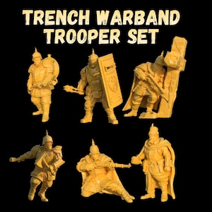Peut inclure: Un ensemble de six figurines miniatures de soldats de couleur jaune, dans diverses poses. Les figurines portent des armures et des casques, certaines tenant des armes. Le texte "TRENCH WARBAND TROOPER SET" est en haut de l'image.