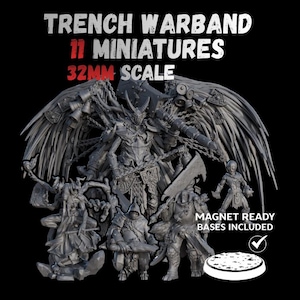 Peut inclure: Un ensemble de onze figurines grises, à l'échelle 32 mm, pour les jeux de table. Les figurines comprennent un grand démon ailé, plusieurs guerriers et d'autres personnages fantastiques. Le texte "TRENCH WARBAND" et "MAGNET READY BASES INCLUDED" sont visibles.