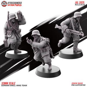 May include: Three grey miniature German soldiers from World War II, each on a black base. One figure carries a weapon and ammunition, another runs with a machine gun, and the third aims a pistol. The text "JUL 2025 RELEASE" is visible.