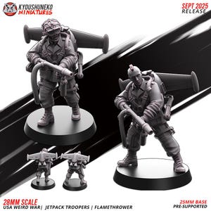 Peut inclure: Figurines miniatures de soldats avec des jetpacks et des lance-flammes, dans un schéma de couleurs gris. Les figurines sont sur des socles noirs, avec une figurine tenant un lance-flammes. Le texte "SEPT 2025 RELEASE" et "28MM SCALE USA WEIRD WAR | JETPACK TROOPERS | FLAMETHROWER" sont visibles.