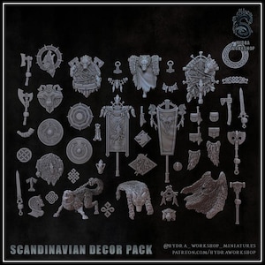 May include: A collection of gray Scandinavian-themed decor pieces, including axes, shields, banners, and animal figures. The image features a variety of detailed miniature designs, with the text "SCANDINAVIAN DECOR PACK" at the bottom. The Hydra Workshop logo is visible in the upper right corner.