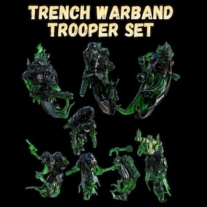 Pode incluir: Um conjunto de figuras translúcidas verdes e pretas, possivelmente miniaturas, com um tema futurista ou de fantasia. As figuras estão em várias poses, algumas segurando armas. O texto "TRENCH WARBAND TROOPER SET" está no topo.