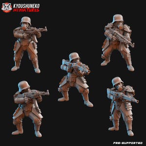 May include: Several miniature soldier figures in tan uniforms, helmets, and gas masks, holding rifles. The figures are in different action poses. The text "KYOUSUNEKO MINIATURES" is in the upper left corner, and "PRE-SUPPORTED" is in the lower right corner.