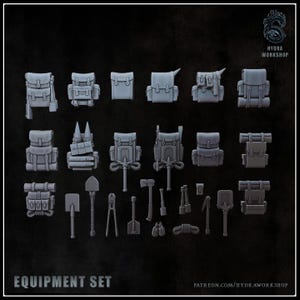 May include: A selection of miniature grey equipment pieces, including backpacks, shovels, axes, and rope. The text "EQUIPMENT SET" is displayed at the bottom. The Hydra Workshop logo is in the upper right corner.