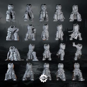 Peut inclure: Une collection de vingt assemblages de torses et de jambes de figurines en résine grise pour jeux de plateau. Chaque pièce présente des plaques d'armure détaillées, des tabards fluides, des ceintures et des chaînes décoratives. Le logo Wargamesprint est visible en bas au centre.