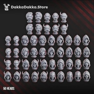May include: A collection of 50 grey miniature heads featuring various designs, including hooded figures, masked faces, and characters with facial mutations. The set includes diverse hairstyles and headgear, arranged in rows against a dark background.