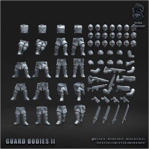 May include: A collection of grey miniature plastic model parts including torso pieces, leg assemblies, helmets, shoulder pads, arms, rifles, pistols, and swords. The text GUARD BODIES II, HYDRA WORKSHOP, and social media handles are visible.