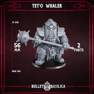 以下が含まれることがあります： トゲ付きメイスを持ったTet'o Whalerの灰色のミニチュアフィギュア。フィギュアの高さは5.6cmで、2つのパーツで構成されています。フィギュアは鎧を着ており、ひげを生やしています。「Bullet Basilica」の文字が下にあります。