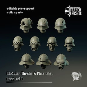 May include: A collection of grey, modular head parts for miniatures. The image displays various helmet and head designs, including gas masks, visors, and skull-like features. Text includes "editable pre-support option parts" and "Modular Thralls & Flies bits : Head set II".