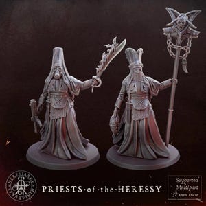 Könnte beinhalten: Zwei graue Miniaturfiguren von Priestern, jeweils mit einer einzigartigen Waffe oder einem Stab. Sie tragen lange Roben, Kopfbedeckungen und Gesichtsmasken. Der Text "PRIESTS of the HERESSY" steht unten.
