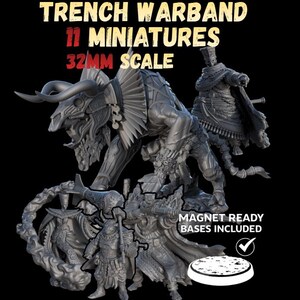 Könnte beinhalten: Eine Sammlung von 11 unbemalten Miniaturen für Tabletop-Spiele im Maßstab 32 mm. Das Bild zeigt verschiedene Fantasy-Figuren, darunter ein gehörntes Tier und gepanzerte Krieger. Der Text auf dem Bild lautet "Trench Warband" und "Magnet Ready Bases Included."