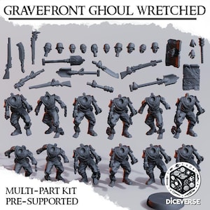 Può includere: Un kit multi-parte di miniature Gravefront Ghoul Wretched. Il set include figure senza testa in pose di combattimento, varie armi, elmetti e altri accessori. Il testo "MULTI-PART KIT PRE-SUPPORTED" è visibile.