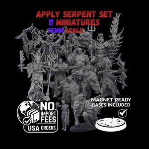 Puede incluir: Un conjunto de 11 miniaturas de fantasía grises a escala de 32mm, etiquetado APPLY SERPENT SET. Las figuras incluyen varios guerreros blindados, criaturas y hechiceros. Se incluyen bases magnéticas para las figuras.